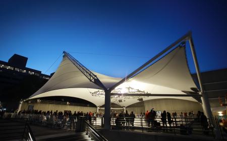 Crown Center Ice Terrace Tent with skaters at dawn