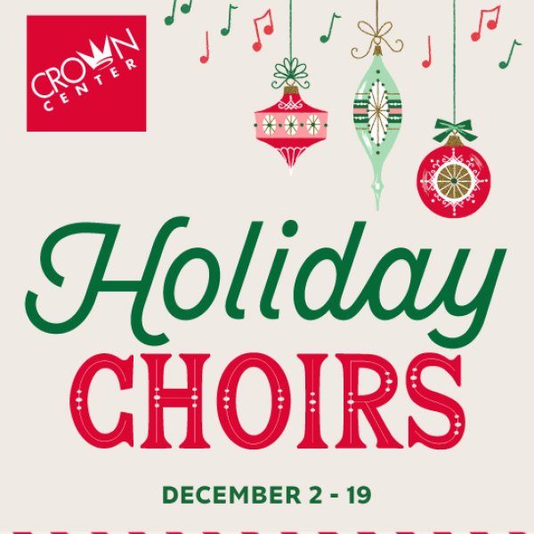 Holiday Choirs on tan background with 3 red and green ornaments at top