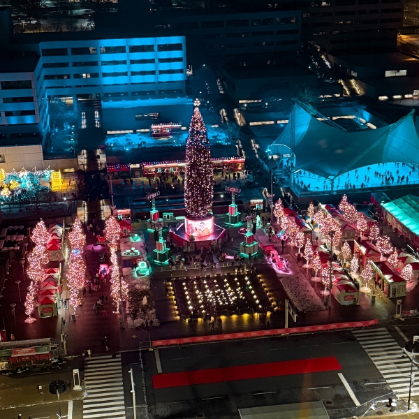 Crown Center Square from above showing Mayor's Tree, Lighted small treeys, light walk and more